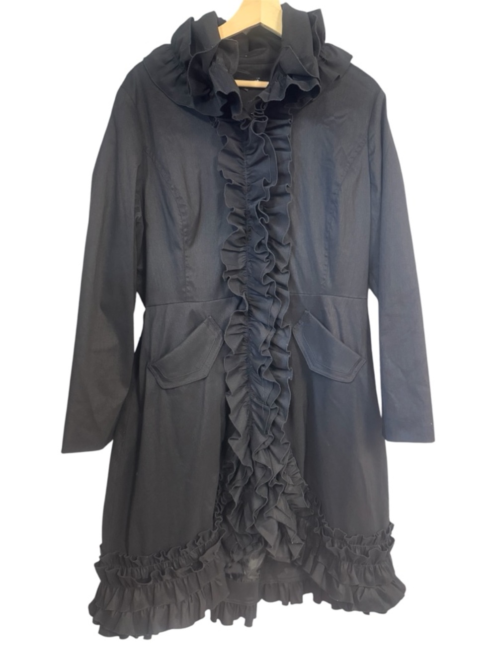 Samuel Dong women’s long Ruffle Trench Coat Black M Lined Zipper Button Classic